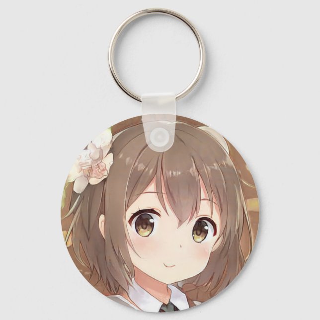 Cute anime manga girl brown hair hazel eyes flower key ring (Front)