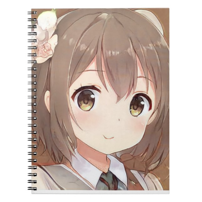 Cute anime manga girl brown hair hazel eyes flower notebook (Front)