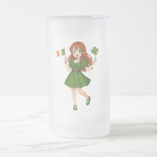 Cute anime redhead Saint Patrick's Day Frosted Glass Beer Mug