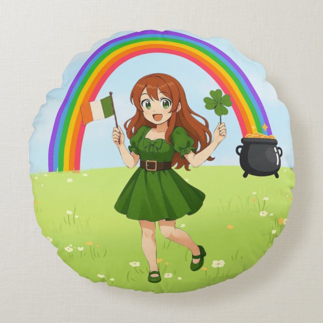 Cute anime redhead Saint Patrick's Day   Round Cushion (Front)