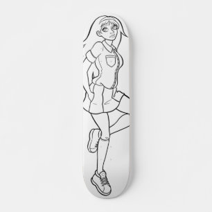 Cute Anime Schoolgirl Black White Drawing Skateboard