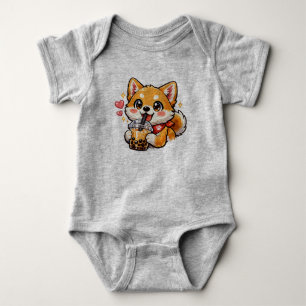 Cute Anime Shiba Inu Drinking Bubble Tea Kawaii Baby Bodysuit