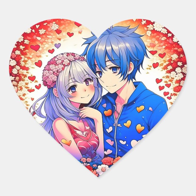Cute Anime Themed Wedding  Heart Sticker (Front)