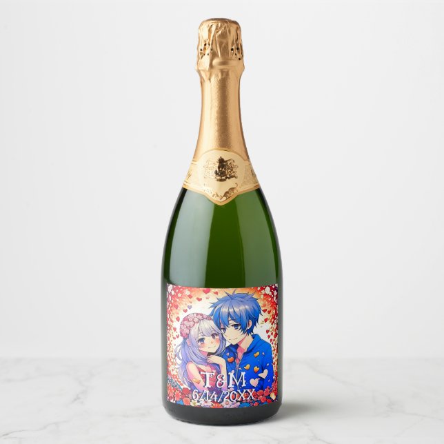 Cute Anime Themed Wedding  Sparkling Wine Label (Front)