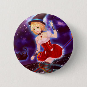 Cute anime witch girl with flying pet cats 6 cm round badge