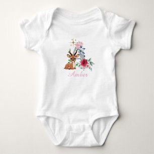 Cute Antelope Floral Initial Letter A Baby Bodysuit