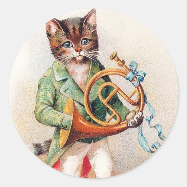Cute Anthropomorphic Cat with French Horn Classic Round Sticker (Front)