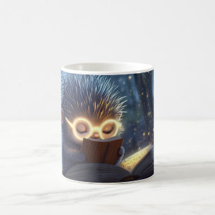 cute, anthropomorphic hedgehog, wearing light-up g coffee mug