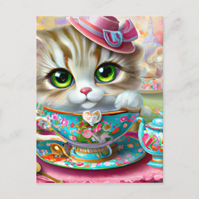 Cute Anthropomorphic Kitten at a Tea Party Postcard (Front)
