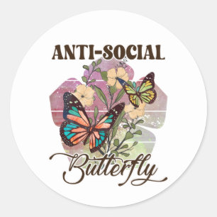 Cute anti social butterfly word art classic round sticker