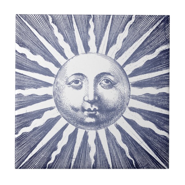 Cute Antique Vintage Navy Blue Sun Face Tile (Front)