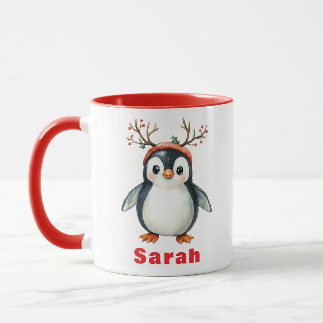 Cute Antlers Penguin Holiday Coffee Mug (Left)