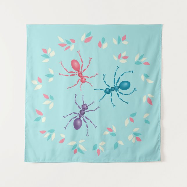 Cute Ants And Leaves In Pastel Tones Wildlife Art Tapestry (Front)