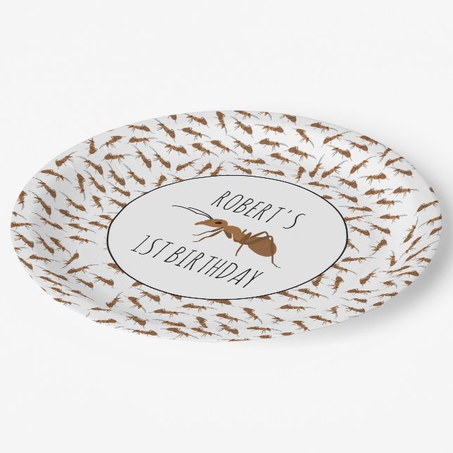 Cute Ants Pattern Custom Name Kids Birthday Party Paper Plate (Angled)