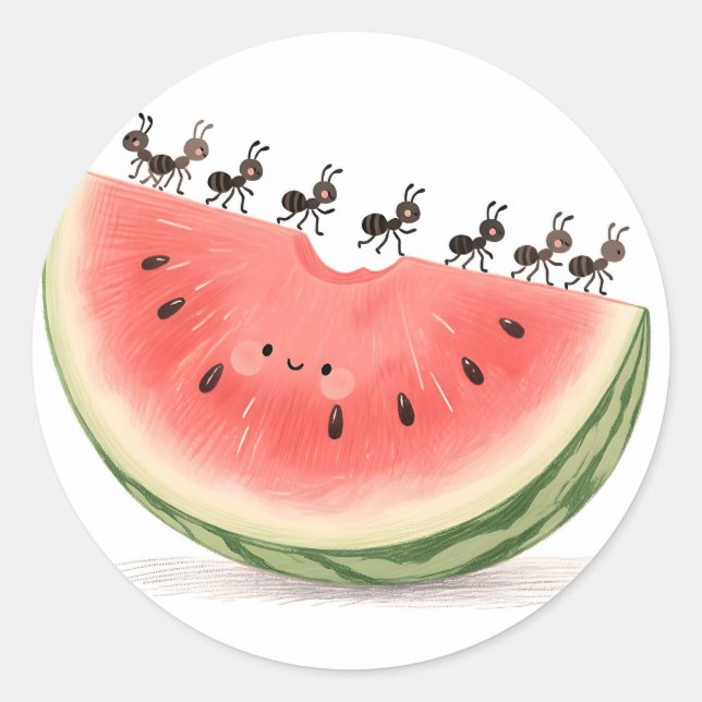 Cute Ants Watermelon Slice Classic Round Sticker (Front)