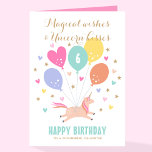 Cute Any Age Happy Birthday Unicorn Kids Name Card<br><div class="desc">Send some magical wishes on a special birthday with this cute personalised greetings card. A simple illustration of a little unicorn surrounded by balloons, hearts and stars. It features the birthday age and trendy script lettering with the words "Magical wishes & Unicorn kisses". Inside the card is a colourful rainbow...</div>