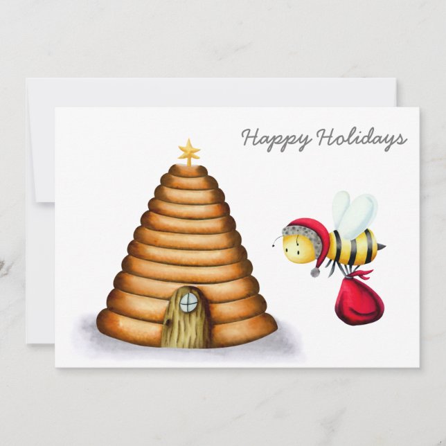 Cute Apiary Happy Holidays Santa Bee Beehive Holiday Card (Front)