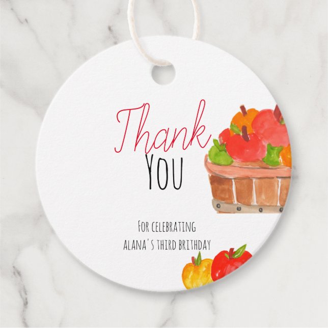 Cute apple birthday kid party favour tag (Front)