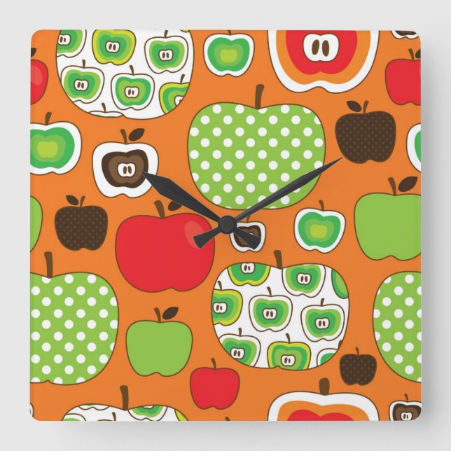 Cute apple illustration pattern square wall clock (Front)