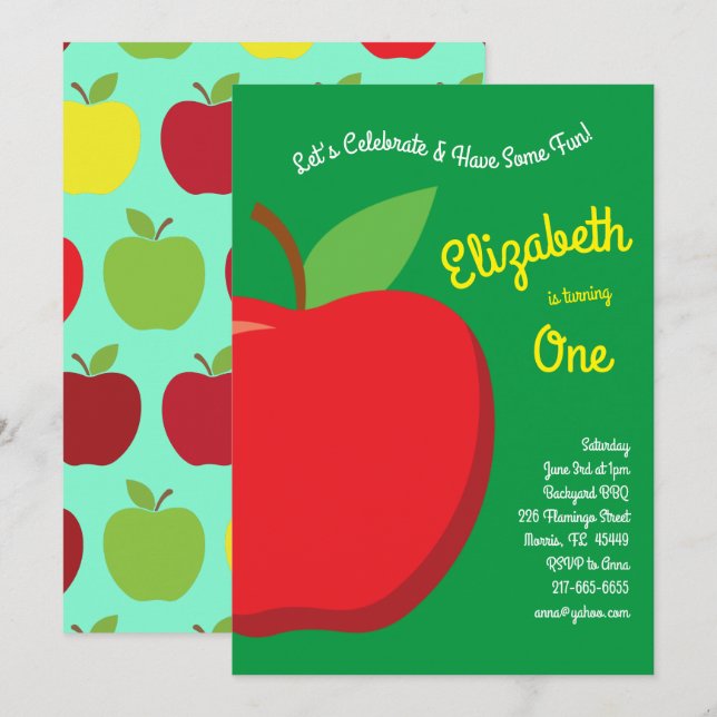 Cute Apple Kids 1st Birthday Party Fruit Invitation (Front/Back)