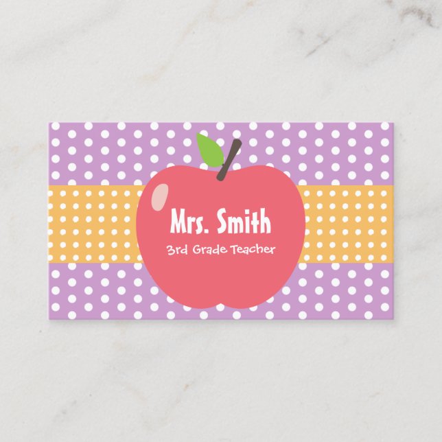 Cute Apple Lavender Dots Teacher Business Card (Front)