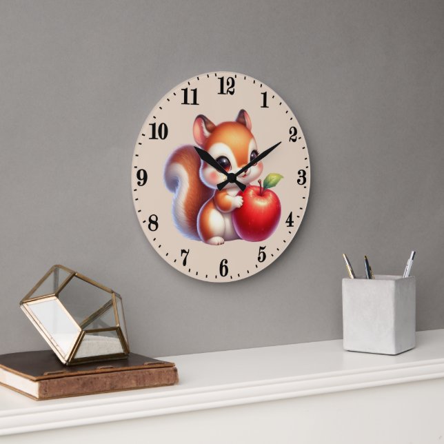Cute apple lovers squirrel  large clock (Office)