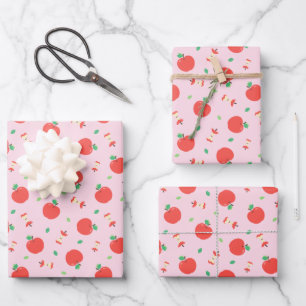 Cute Apple Pattern with Pink Background Wrapping Paper Sheet