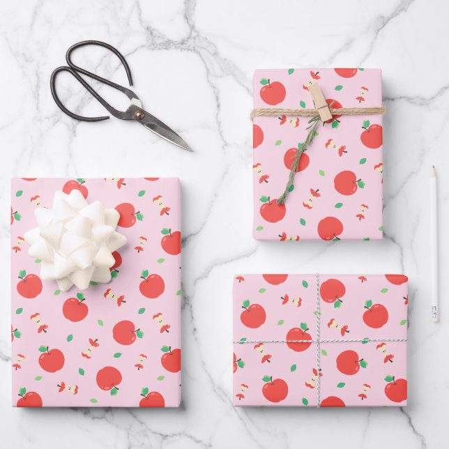 Cute Apple Pattern with Pink Background Wrapping Paper Sheet (Front)