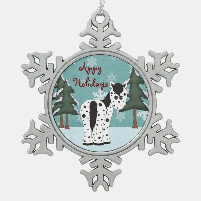 Cute Appy Holidays Leopard Appaloosa Horse Snowflake Pewter Christmas Ornament (Front)