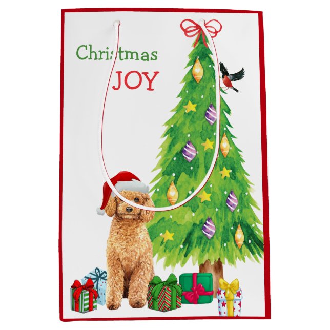 Cute Apricot Poodle Santa Hat and Christmas Tree Medium Gift Bag (Front)
