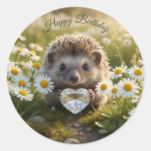 Cute April Hedgehog with Diamond Heart Classic Round Sticker