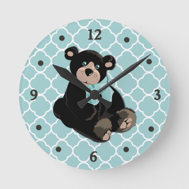 Cute Aqua and Brown Teddy Bear Wall Clock (Front)