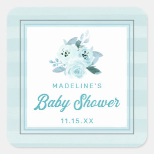 Cute Aqua & Baby Blue Floral Baby Shower Favour Square Sticker