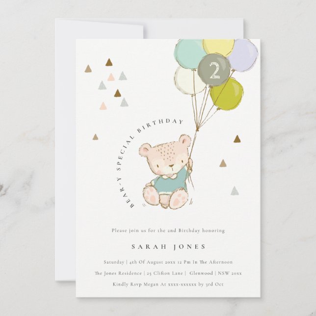 Cute Aqua Bear Balloon Any Age Birthday Invite (Front)