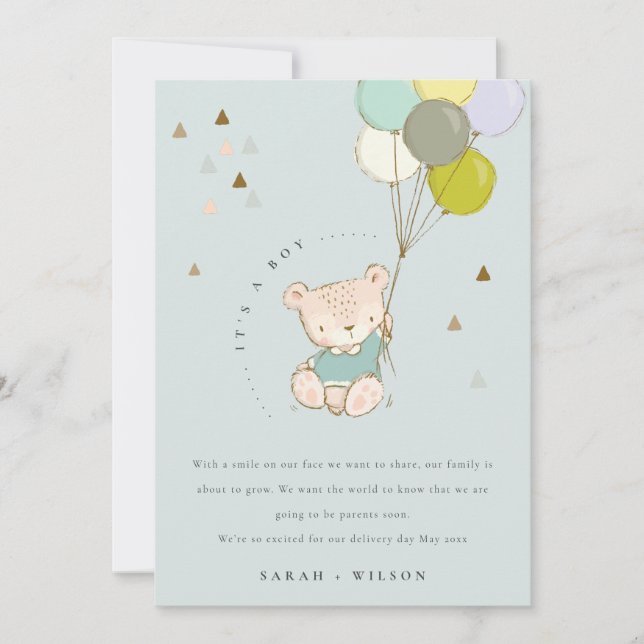 Cute Aqua Bear Balloon Baby Announcement Card (Front)