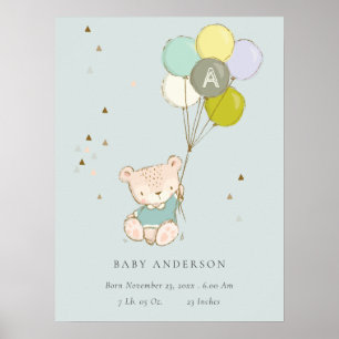Cute Aqua Bear Balloon Boys Monogram Birth Stat Poster