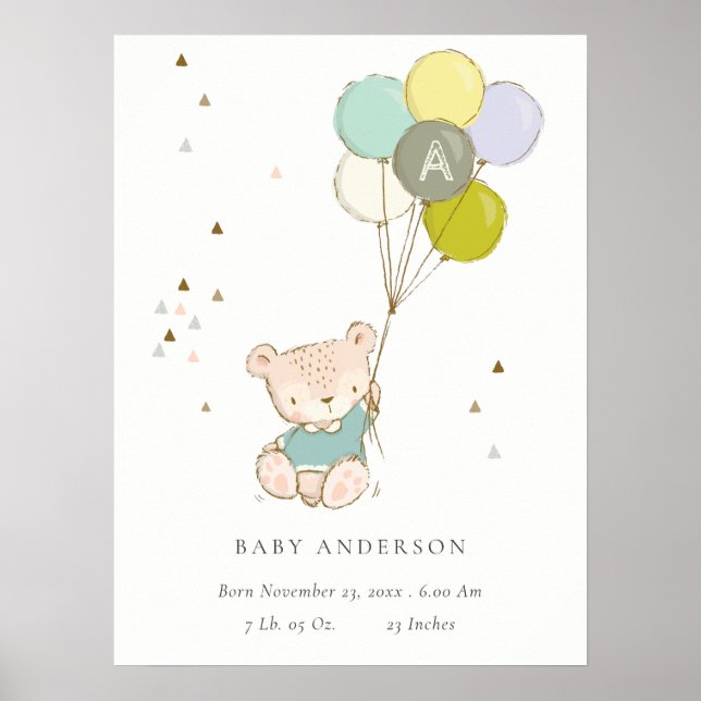 Cute Aqua Bear Balloon Boys Monogram Birth Stat Poster (Front)