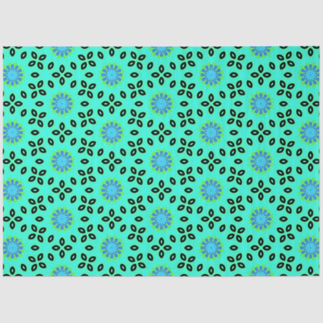 Cute Aqua & Black Floral Pattern Decoupage Tissue Paper (Front)