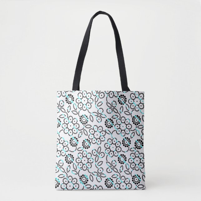 Cute aqua black white flowers pattern tote bag (Front)