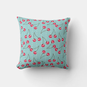 Cute Aqua Blue And Red Cherries Pattern Cushion