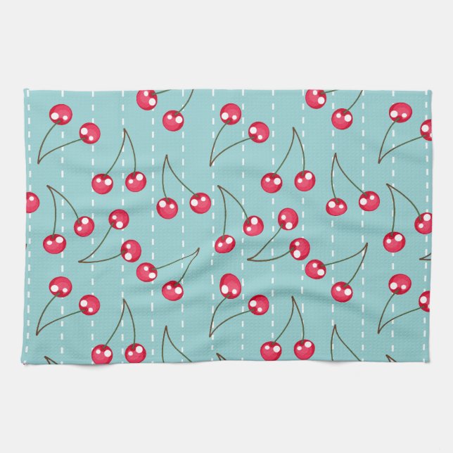 Cute Aqua Blue And Red Cherries Pattern Tea Towel (Horizontal)