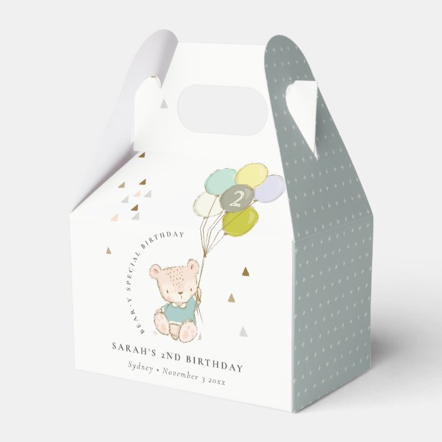 Cute Aqua Blue Bear Balloon Any Age Birthday Favour Box (Front Side)