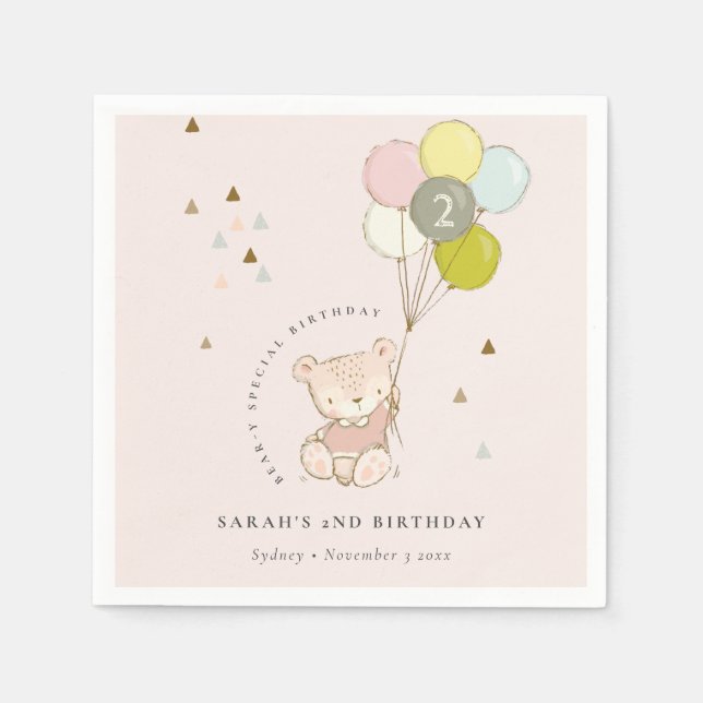 Cute Aqua Blue Bear Balloon Any Age Birthday Napkin (Front)