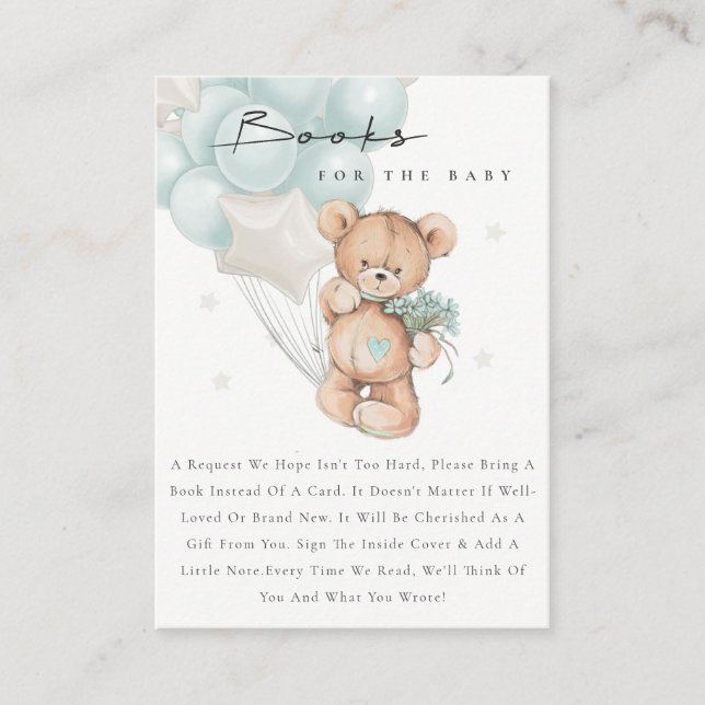 Cute Aqua Blue Bear Balloon Books For Baby Shower Enclosure Card (Front)