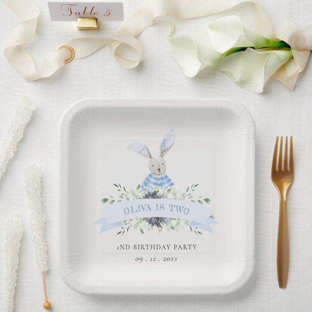 Cute Aqua Blue Bunny Foliage Any Age Birthday Paper Plate (Wedding)