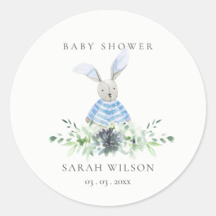 Cute Aqua Blue Bunny Garden Foliage Baby Shower Classic Round Sticker
