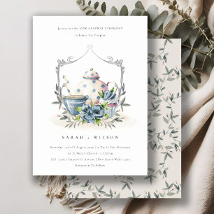Cute Aqua Blue Flora Teapot Cup Vow Renewal Invite