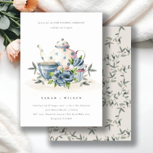Cute Aqua Blue Flora Teapot Cup Vow Renewal Invite