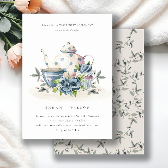 Cute Aqua Blue Flora Teapot Cup Vow Renewal Invite (Creator Uploaded)