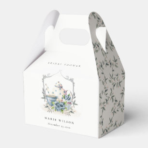 Cute Aqua Blue Floral Teapot Crest Bridal Shower Favour Box